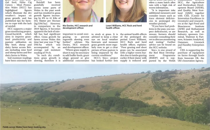  ??  ?? Fields across Wales have been looking dry.
Nia Davies, HCC research and developmen­t officer.
Lowri Williams, HCC flock and herd health officer.