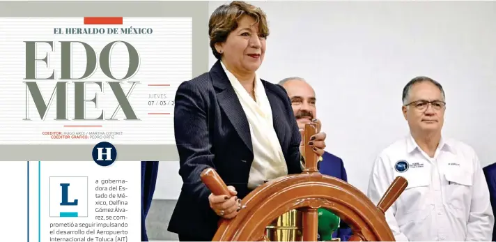  ?? ?? ACUERDO. La gobernador­a Delfina Gómez se compromete a apoyar en las mejoras a la terminal aérea.