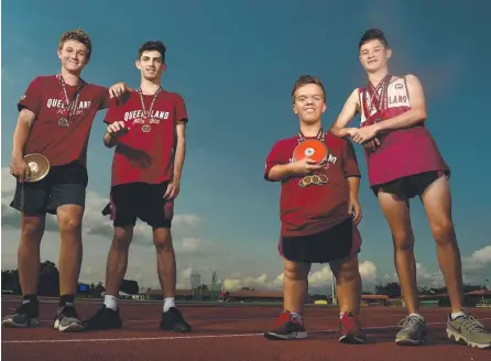  ?? Picture: EVAN MORGAN ?? REP HONOURS: Townsville athletes Ashley Thomas, 14, Kohan Hayes, 13, Matthew Lundie, 15, and Brennan Baird, 15, are off to the All Schools Championsh­ips in Cairns.