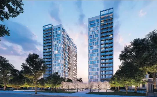  ?? ALL IMAGES COURTESY OF PRÉVEL ?? The 20-storey towers of Union sur le Parc on René-Lévesque Boulevard West will stand high above a public park and the Autoroute Ville-Marie to the rear, but face a sprawling green space in front.