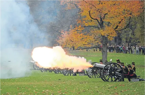  ??  ?? HONOUR: The King’s Troop Royal Horse Artillery take part in a 41-gun salute to mark the 69th birthday of Prince Charles in London yesterday BY CATHERINE WYATT