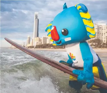  ?? Picture: GLENN HAMPSON ?? Gold Coast Commonweal­th Games mascot Borobi keeps falling off his surfboard.