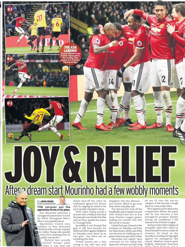  ??  ?? 7 5 5 5 6 5 6 6 5 5 5 7 7 7 6 7 6 8 7 7 7 0-1 0-2 0-3 THE ASH LANDING Former Watford man Ashley Young opens the scoring, then makes it 2-0 before Martial strikes