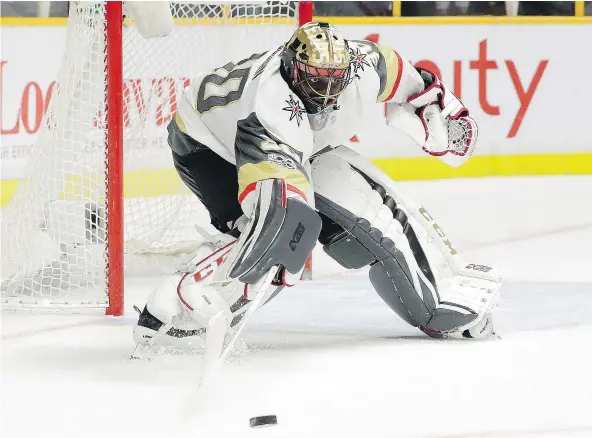 ?? — THE ASSOCIATED PRESS FILES ?? Vegas Golden Knights goaltender Malcolm Subban, who had just two games of NHL experience heading into this season, has benefited from the input of assistant coach Dave Prior, ranking eighth in the NHL in save percentage as of Wednesday.