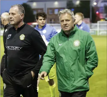  ??  ?? Bray Wanderers manager Harry Kenny (right) leaves the field after the defeat to Finn Harps last Friday evening in the Carlisle Grounds. Photos: Barbara Flynn.s