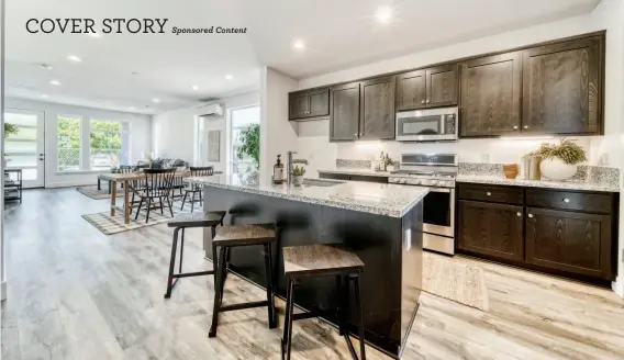  ??  ?? 360 ESTATE MEDIA Above: Contempora­ry finishes adorn the kitchen at the threebedro­om, twobathroo­m ‘Owen’ Home within Bungalow Commons. Below left: Art Deco inspired finishes with a balcony looking out towards the Tank District. Below right: Kitchen at the Deco Flats upstairs lofts.