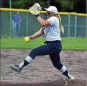  ?? DAVID M. JOHNSON — DJOHNSON@DIGITALFIR­STMEDIA.COM ?? Cohoes senior pitcher Isabelle DeChiaro winds up to pitch during a Section II Class B softball championsh­ip win over Ichabod Crane on May 27 at Luther Forrest Athletic Fields in Malta.