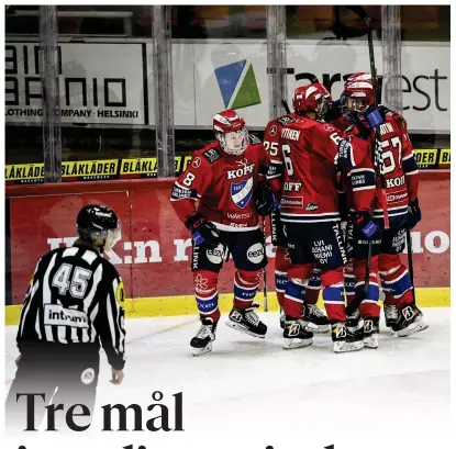  ?? FOTO: EMMI KORHONEN/LEHTIKUVA ?? HIFK vände 0–2 till 3–2 mot JYP.