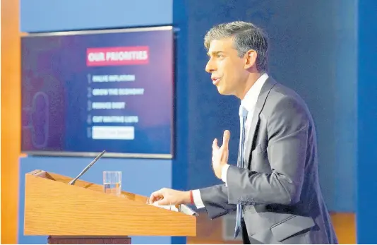  ?? AP ?? Britain’s Prime Minister Rishi Sunak speaks during a press conference in Downing Street in London, Thursday January 18, 2024.