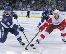  ?? MIKE CARLSON/GETTY IMAGES ?? Tyler Johnson has his shot deflected by Brendan Smith of the Detroit Red Wings during Game 7 action last night in Tampa, Florida. The Lightning will play Montreal in the next round.