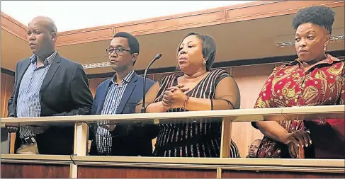  ?? Picture: ZWANGA MUKHUTHU ?? FACING SERIOUS CHARGES: Bhekisile Jacobs Mthembu, Mkhuseli Collins Ciyo, Zukisa Faku and Pumeza Lujebe in the East London Magistrate’s Court on Friday
