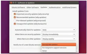  ??  ?? If the Update Manager fails to find a new release, bring up Software & Updates, switch to the Updates tab and make sure the ‘Notify me of a new Ubuntu version’ option isn’t set to ‘Never’.