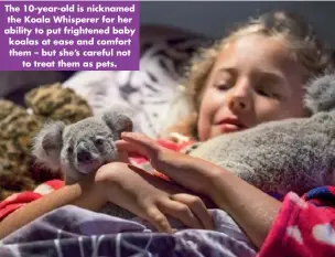  ??  ?? The 10-year-old is nicknamed the Koala Whisperer for her ability to put frightened baby koalas at ease and comfort them – but she’s careful not to treat them as pets.