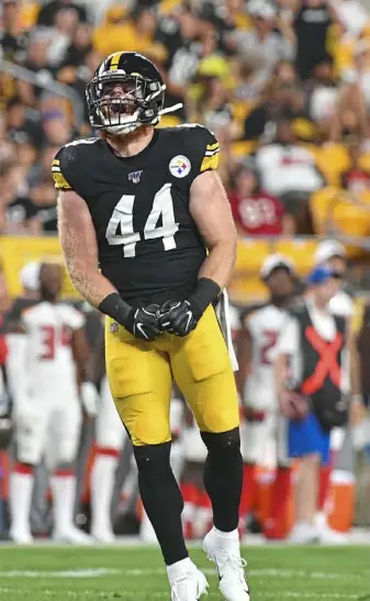  ?? Peter Diana/ Post- Gazette ?? Inside linebacker Tyler Matakevich celebrates a sack. The Steelers had four in the game.