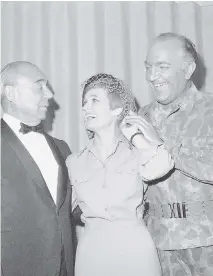  ?? JOHN LINDSAY/THE ASSOCIATED PRESS/FILES ?? Composer Richard Rodgers, left, on opening night with Florence Henderson and Giorgio Tozzi of the 1967 Broadway revival of South Pacific. Henderson later found TV stardom.