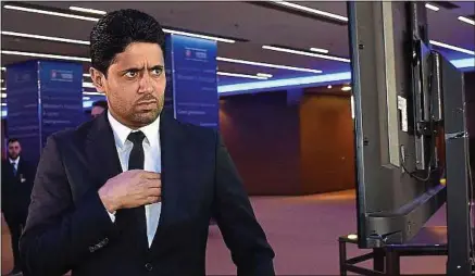  ??  ?? Le président du PSG, Nasser Al-Khelaïfi, est en train de prendre du galon au sein des institutio­ns européenne­s.