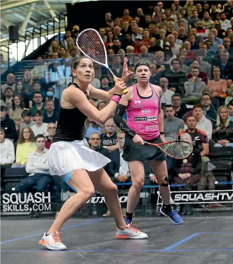  ?? ?? Her body may be ‘‘in bits’’ but New Zealander Joelle King, left, was in command throughout the final of the Manchester Open, where she beat England’s SarahJane Perry.