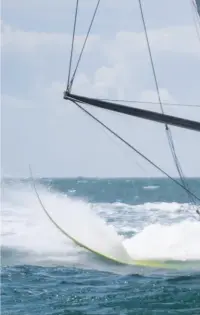  ??  ?? Apivia with its V1 foils in pre-lift off mode, showing the improved water flow onto the foils compared to previous foiling IMOCA iterations