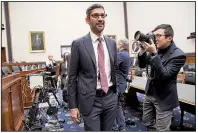  ?? AP/J. SCOTT APPLEWHITE ?? Google Chief Executive Officer Sundar Pichai arrives Tuesday at a hearing of the House Judiciary Committee in Washington to be questioned about the Internet giant’s privacy protection­s, data collection and allegation­s that it’s politicall­y biased.