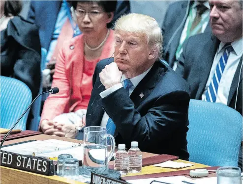  ?? JEENAH MOON / BLOOMBERG ?? U.S. President Donald Trump, seen at the United Nations Security Council in New York on Wednesday, has used the phrase “principled realism” at least five times in public speeches since his inaugurati­on.