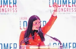  ?? ALLEN EYESTONE/PALM BEACH POST ?? Republican congressio­nal candidate Laura Loomer celebrates her primary election win at the airport Hilton in West Palm Beach on Aug. 18.