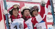  ?? JACQUES BOISSINOT/THE CANADIAN PRESS ?? Justine Dufour-Lapointe, centre, Andi Naude, left, and Chloe Dufour-Lapointe gave Canada a sweep of the podium.