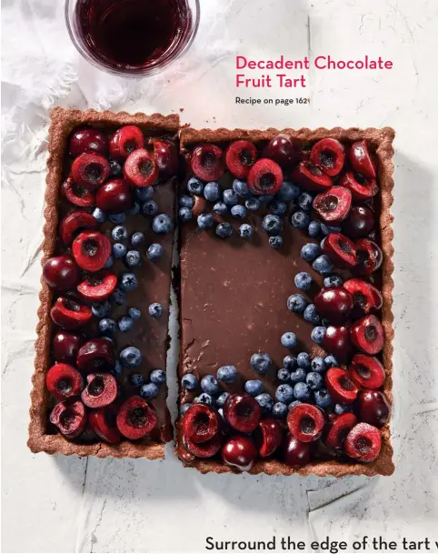  ??  ?? Surround the edge of the tart with cherries and scatter the blueberrie­s within the cherry border so everyone gets their share.