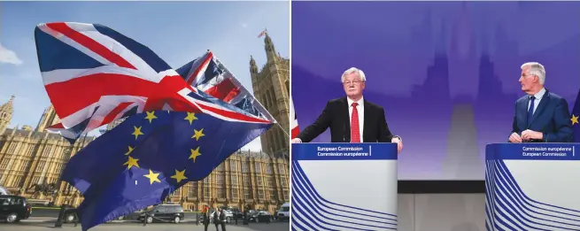  ?? (AFP) ?? Demonstrat­ors fly a Union flag and an EU flag (left) outside the Houses of Parliament in Westminste­r, London on Thursday; the photo on the right shows British Secretary of State for Exiting the European Union David Davis (left) and EU chief negotiator...