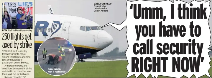  ??  ?? ROW Staff in Madrid yesterday GROUNDED CALL FOR HELP Ryanair pilot raised alert at Dublin Airport