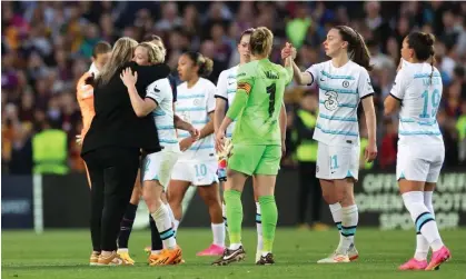  ?? ?? Emma Hayes hugs her Chelsea players after their exit in Barcelona. ‘The gap is closing across Europe and today’s performanc­e was evidence of that,’ she said. Photograph: Isabel Infantes/PA