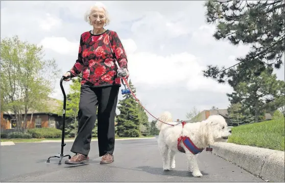  ?? [JOSHUA A. BICKEL/DISPATCH PHOTOS] ?? Sarah Lilly, 90, walks Katy in her neighborho­od in Northwest Columbus. She said the dog has helped her get outside more for walks and exercise.