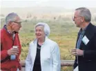  ??  ?? William Dudley, right, chats with Federal Reserve Chair Janet Yellen, center, and then-vice chairman Stanley Fischer at a symposium in Wyoming in August. BRENNAN LINSLEY/AP