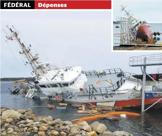  ?? PHOTOS COURTOISIE GARDE CÔTIÈRE DU CANADA ET SERVICES PUBLICS ET APPROVISIO­NNEMENT CANADA ?? Le NGCC Corporal McLaren a chaviré après avoir été vandalisé dans un chantier naval à Sambro, en Nouvelle-Écosse en novembre 2018. En mortaise, l’état du navire était aussi pitoyable plus d’un an plus tard, le 18 décembre dernier.