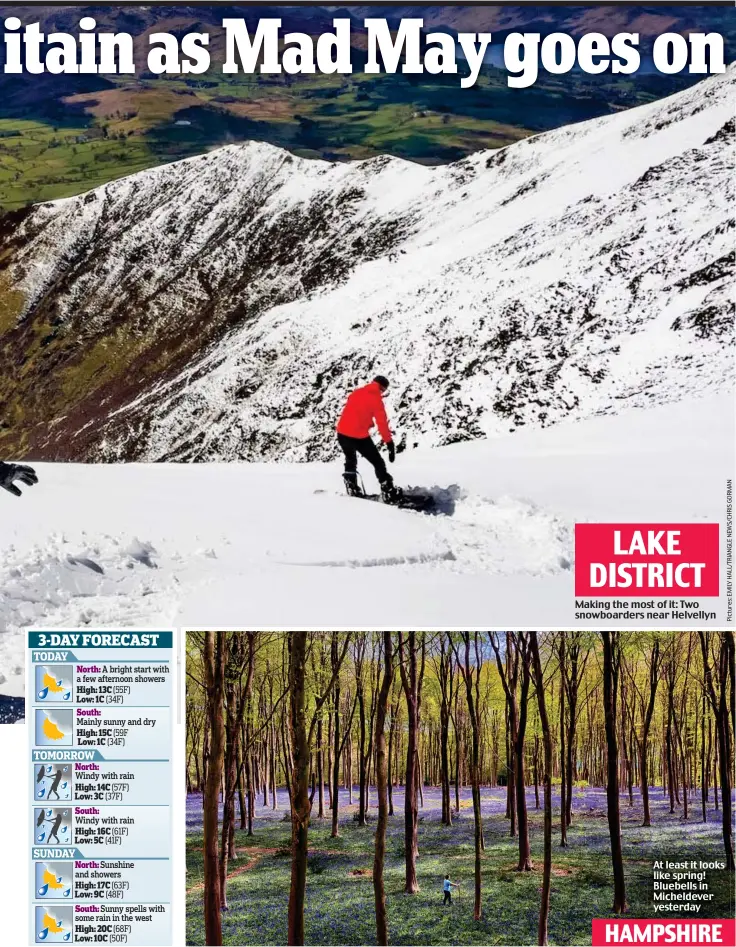  ??  ?? Making the most of it: Two snowboarde­rs near Helvellyn
At least it looks like spring! Bluebells in Micheldeve­r yesterday
