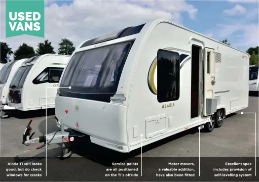  ??  ?? Alaria TI still looks good, but do check windows for cracks
Service points are all positioned on the TI’S offside
Motor movers, a valuable addition, have also been fitted
Excellent spec includes provision of self-levelling system