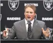  ?? MARCIO JOSE SANCHEZ— AP ?? Jon Gruden during his introducto­ry news conference, after which owner Mark Davis’ comments on Gruden’s hiring came under question.