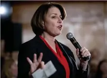  ?? AP ?? PART OF DOUBLE ENDORSEMEN­T: Democratic presidenti­al candidate Sen. Amy Klobuchar, D-Minn., speaks at a campaign stop at Jethro’s BBQ Steak n’ Chop, on Sunday, in Ames, Iowa.