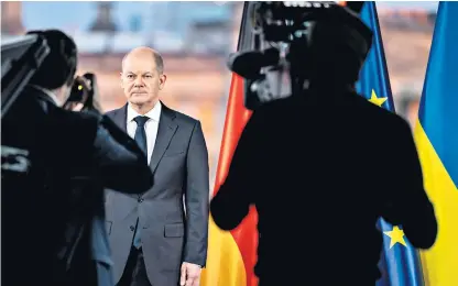  ?? ?? New backbone: German Chancellor Olaf Scholz finally abandoned decades of anti-war, Kremlin-pleasing dogma with a speech last week that expressed outrage at Russia’s invasion of Ukraine