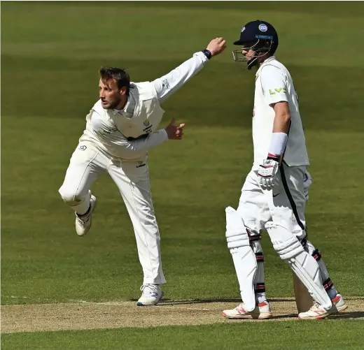  ??  ?? Glamorgan bowler Billy Root sends down a delivery watched by his brother, Yorkshire’s Joe Root, at the non-strikers end yesterday