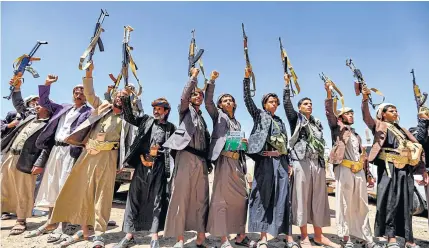  ??  ?? Yemeni men chant slogans during a tribal meeting in the Houthi rebel-held capital Sanaa last year. The rebels were blamed for multiple blasts which rocked Riyadh and Jizan in Saudi Arabia on Saturday.
