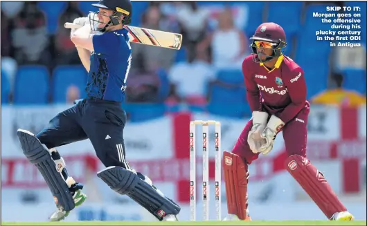  ?? Picture: GARETH COPLEY ?? SKIP TO IT: Morgan goes on the offensive during his plucky century in the first ODI in Antigua