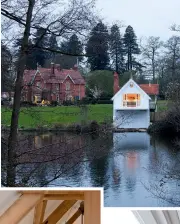  ??  ?? LEFT: Alex uses this Victorian boathouse as a writer’s retreat; it once belonged to a royal boat-keeper in Berkshire’s Windsor Great Park. BELOW: Folding doors on the second level open onto a new balcony that floats over the water. BOTTOM: Alex collects chairs; this sculptural version by Norman Cherner has ribbon-like arms.