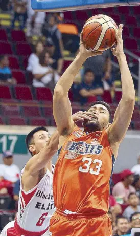  ??  ?? Meralco’s Ranidel de Ocampo struggles with his shot as he gets a mouthful from Roi Sumang of Blackwater in their PBA Commission­er’s Cup game last night at the Mall of Asia Arena. JUN MENDOZA