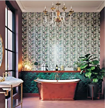 ??  ?? Walls and floors: Otto Tiles’ Birds print tile creates a feature wall for a bathroom, above, Piazza Geo Pearl’s porcelain terrazzo print, left, picks up the light in different ways in an open-plan room, left