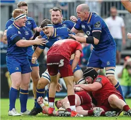  ??  ?? TO THE MAX: Leinster’s Deegan at the centre of the winners’ celebratio­ns