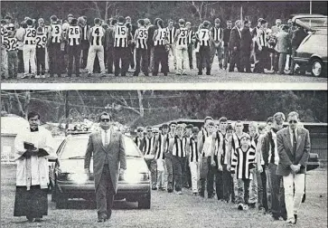  ?? ?? Guard of honor... Euroa footballer­s (top) form a guard of honour as Gie Gosewincke­l’s coffin is lifted into the hearse. They walked with the cortege (above) as it left Euroa’s Memorial Oval on the way to the Euroa Cemetery.