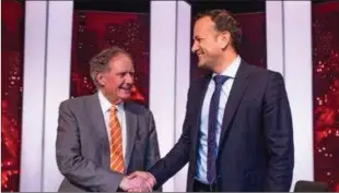  ??  ?? Journalist Vincent Browne and Taoiseach Leo Varadkar on his TV3 debate show.