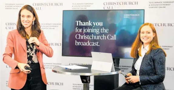  ?? Photo / Getty Images ?? PM Jacinda Ardern, with MC Stacey Kirk, speaks at the second leaders summit for the Christchur­ch Call.