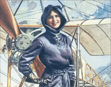  ??  ?? Poster of Harriet Quimby in flight suit with her Bleriot XI aircraft