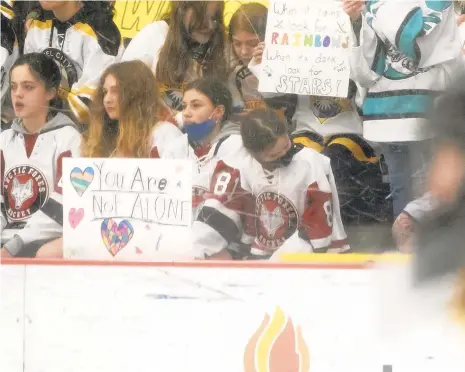  ?? EMILY MATTHEWS/POST-GAZETTE ?? Spectators hold up signs in support of the female Mars goaltender before the start of Mars’ game against South Fayetee on Monday at UPMC Lemieux Complex in Cranberry.